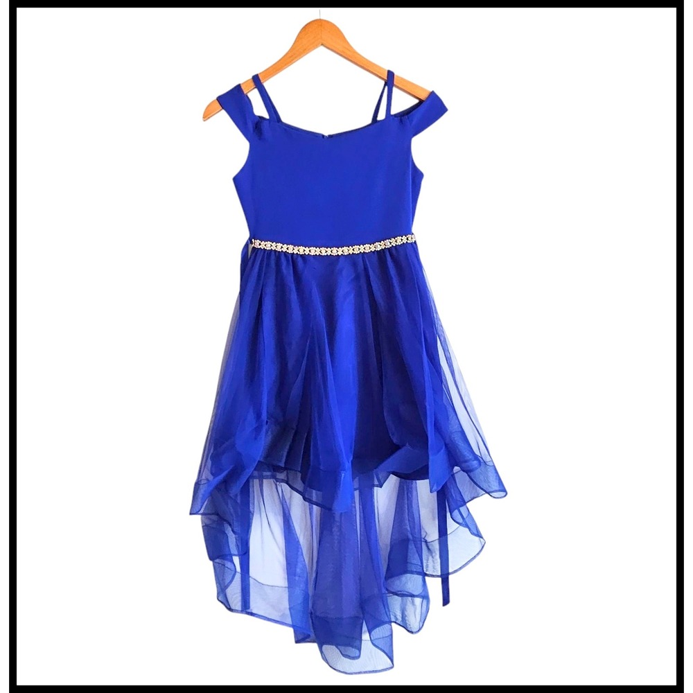 Rare Editions Party Dress Rhinestone Belt High Low Hem Royal Blue Size 12